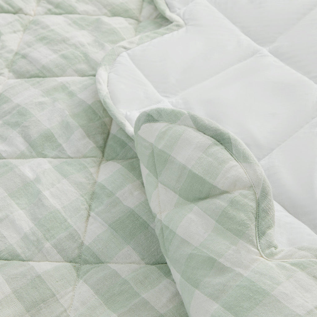 Matilda Sage Green Gingham Scallop Quilted Linen Blend Bedspread