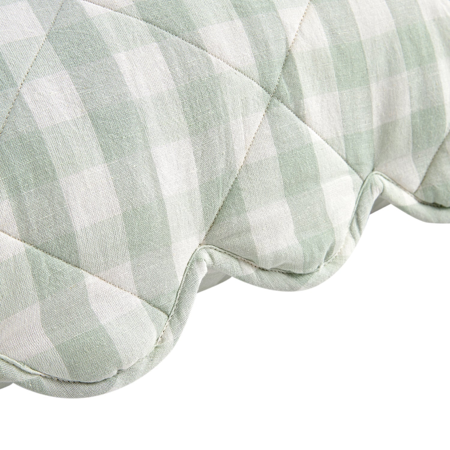 Matilda Sage Green Gingham Scallop Quilted Linen Blend Bedspread