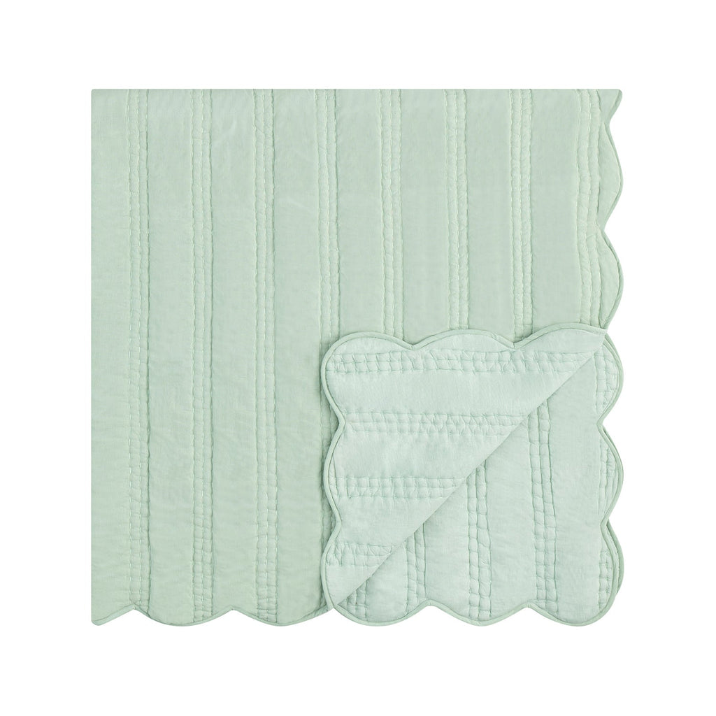Matilda Seafoam Green Scallop Quilted Linen Blend Bedspread