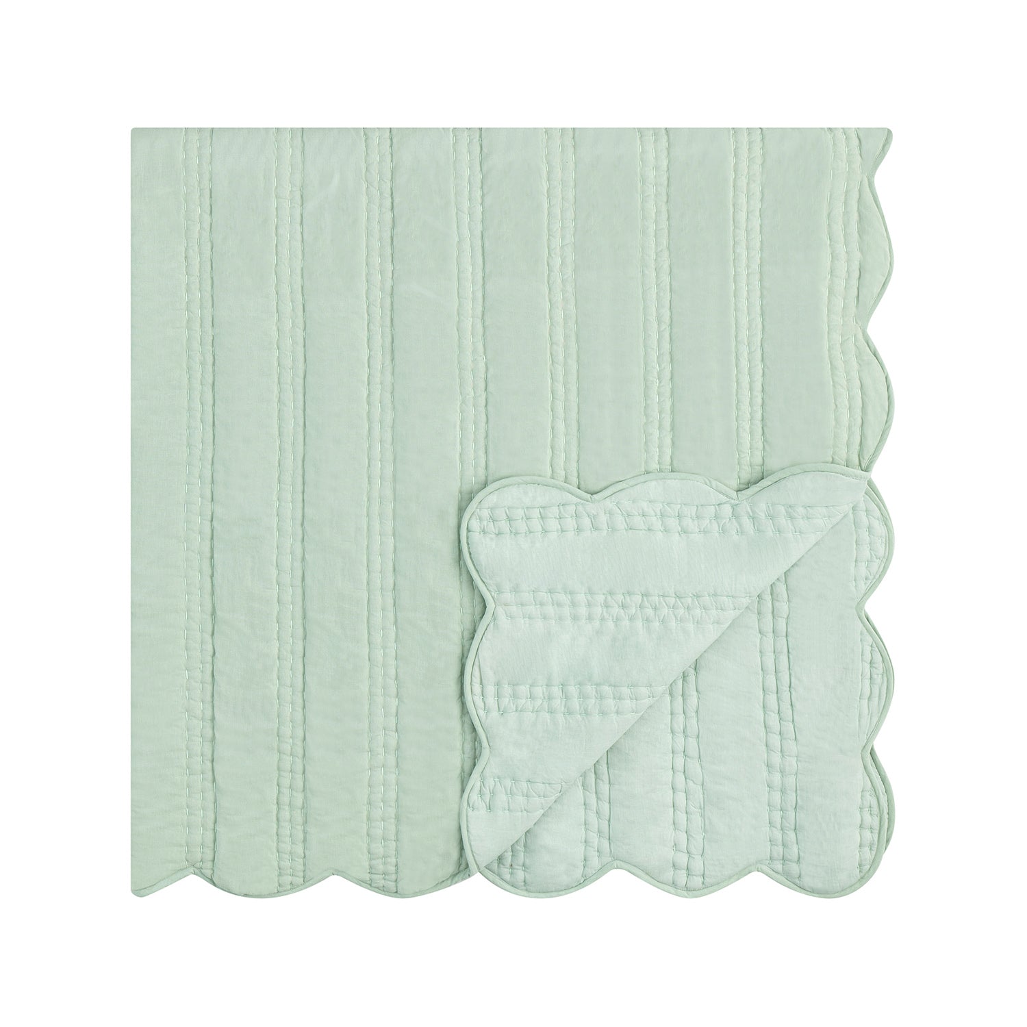 Matilda Seafoam Green Scallop Quilted Linen Blend Bedspread