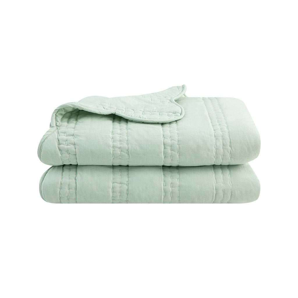 Matilda Seafoam Green Scallop Quilted Linen Blend Bedspread