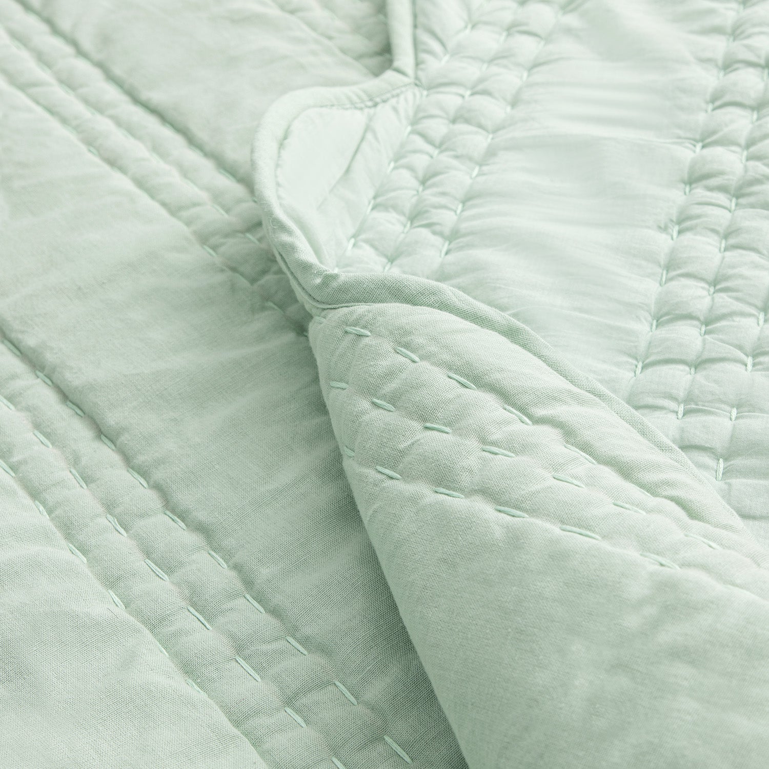Matilda Seafoam Green Scallop Quilted Linen Blend Bedspread