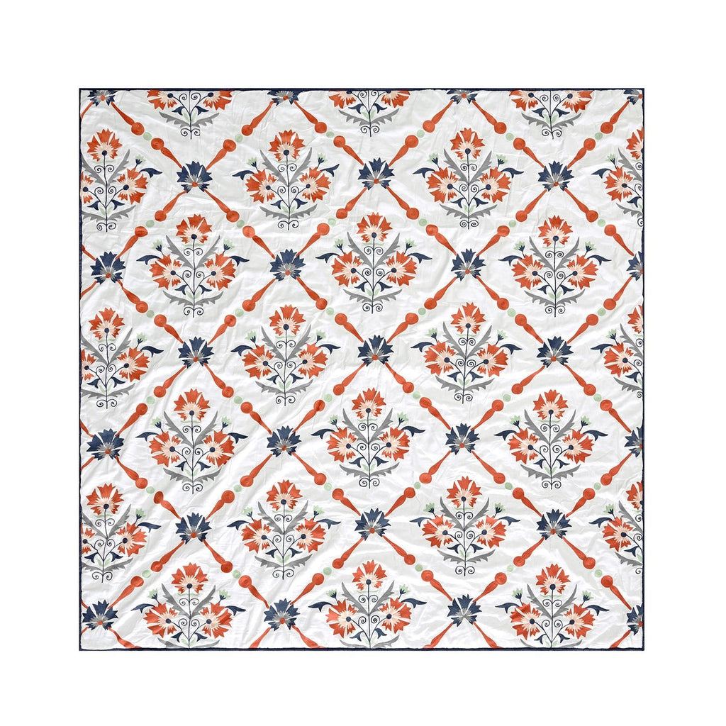 Paloma Burnt Terracotta Orange & Blue Floral Embroidered Quilted Cotton Bedspread