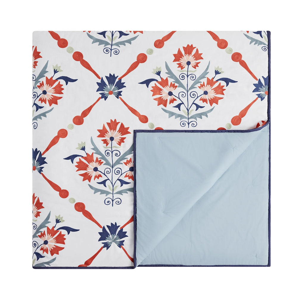 Paloma Burnt Terracotta Orange & Blue Floral Embroidered Quilted Cotton Bedspread