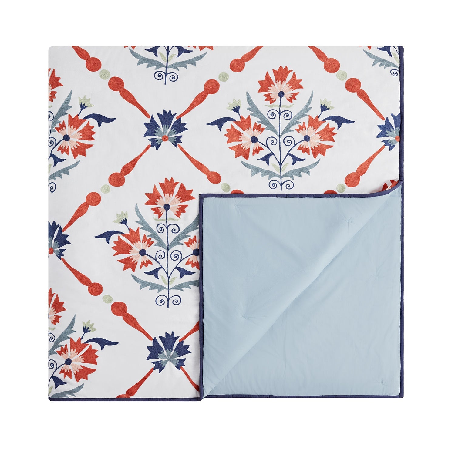 Paloma Burnt Terracotta Orange & Blue Floral Embroidered Quilted Cotton Bedspread