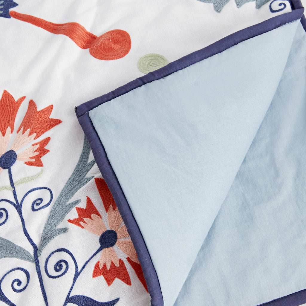 Paloma Burnt Terracotta Orange & Blue Floral Embroidered Quilted Cotton Bedspread