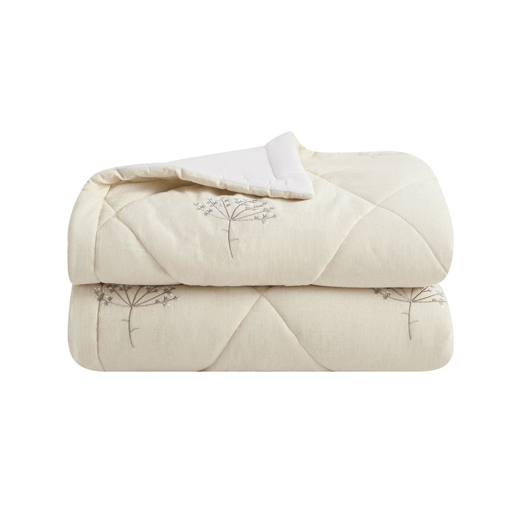 Meadow Cream Sprig Embroidered Quilted Linen Blend Bedspread