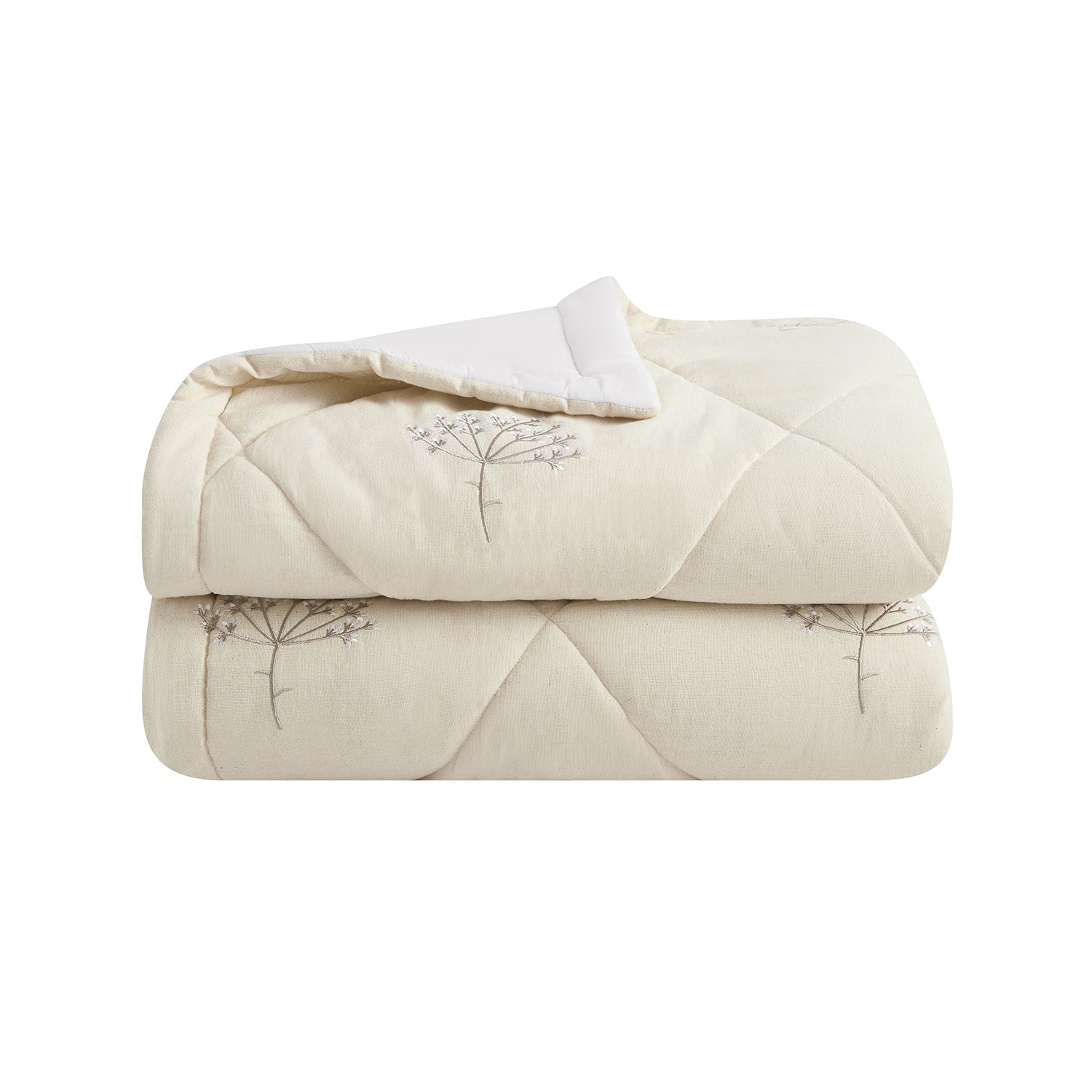 Meadow Cream Sprig Embroidered Quilted Linen Blend Bedspread