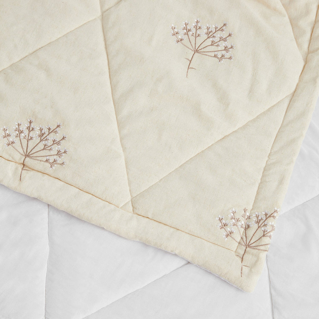 Meadow Cream Sprig Embroidered Quilted Linen Blend Bedspread