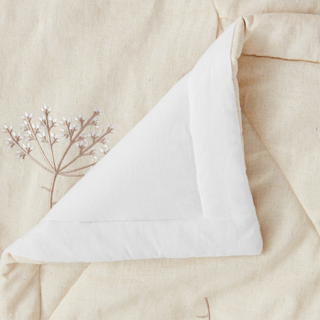 Meadow Cream Sprig Embroidered Quilted Linen Blend Bedspread
