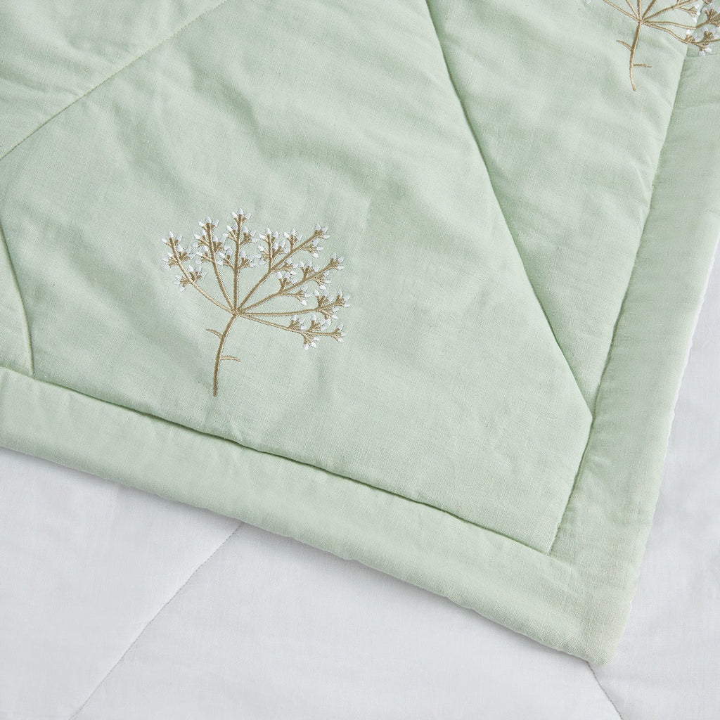 Meadow Seafoam Green Sprig Embroidered Quilted Linen Blend Bedspread
