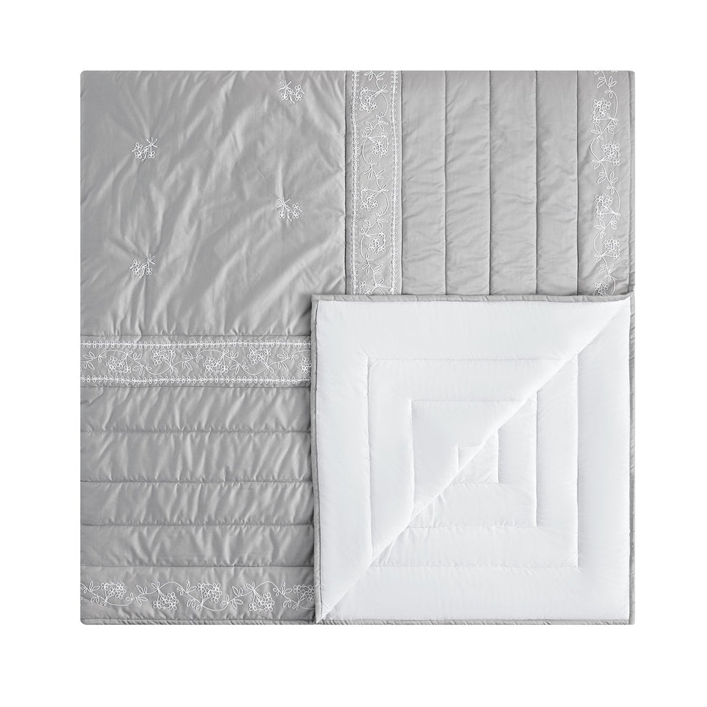 Valentina Grey Floral Embroidered Quilted 600 Thread Count Cotton Sateen Bedspread