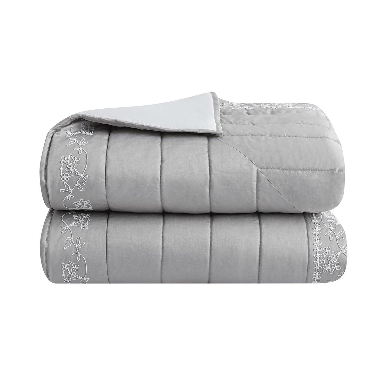 Valentina Grey Floral Embroidered Quilted 600 Thread Count Cotton Sateen Bedspread