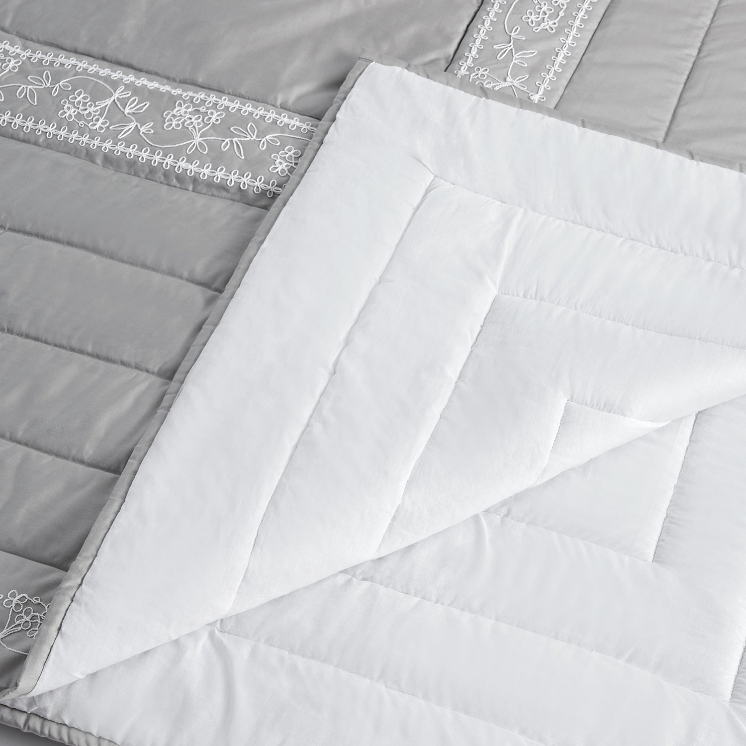 Valentina Grey Floral Embroidered Quilted 600 Thread Count Cotton Sateen Bedspread