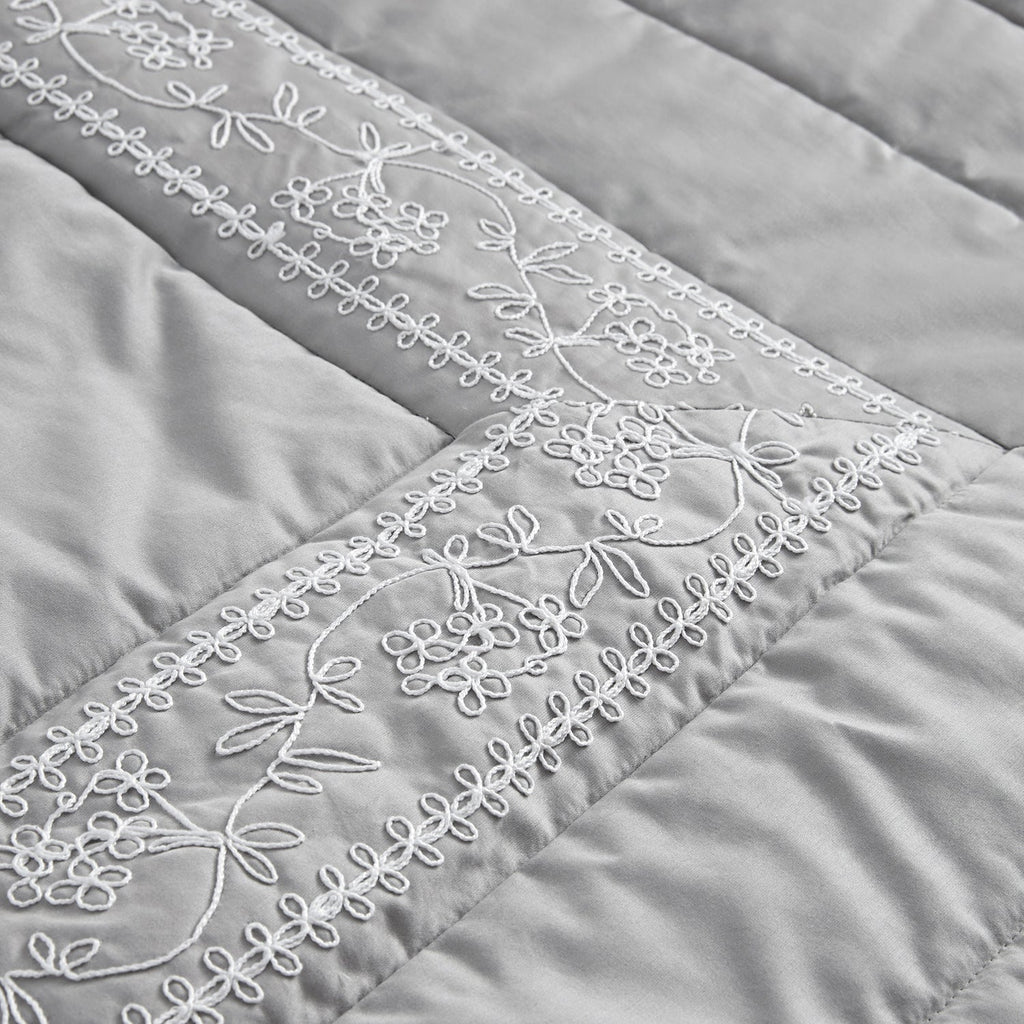 Valentina Grey Floral Embroidered Quilted 600 Thread Count Cotton Sateen Bedspread