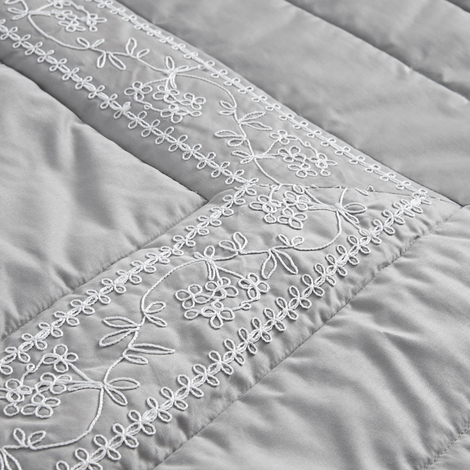 Valentina Grey Floral Embroidered Quilted 600 Thread Count Cotton Sateen Bedspread
