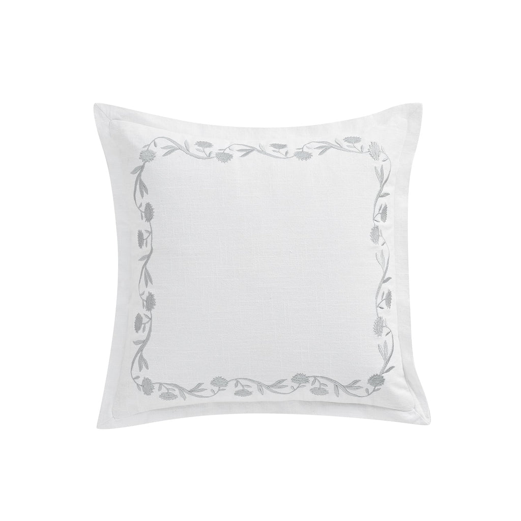 Adeline Moonshine Grey Floral Embroidered Cotton Cushion