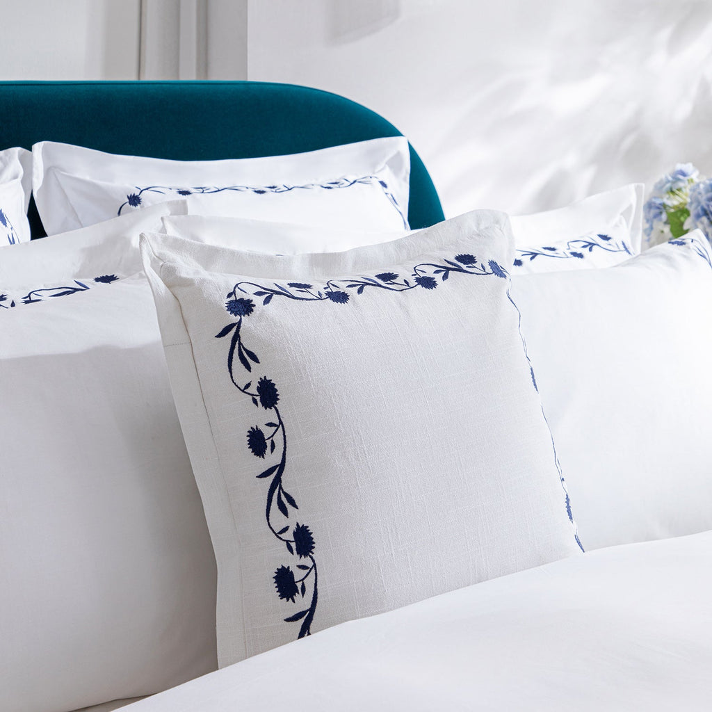 Adeline Midnight Blue Floral Embroidered Cotton Cushion