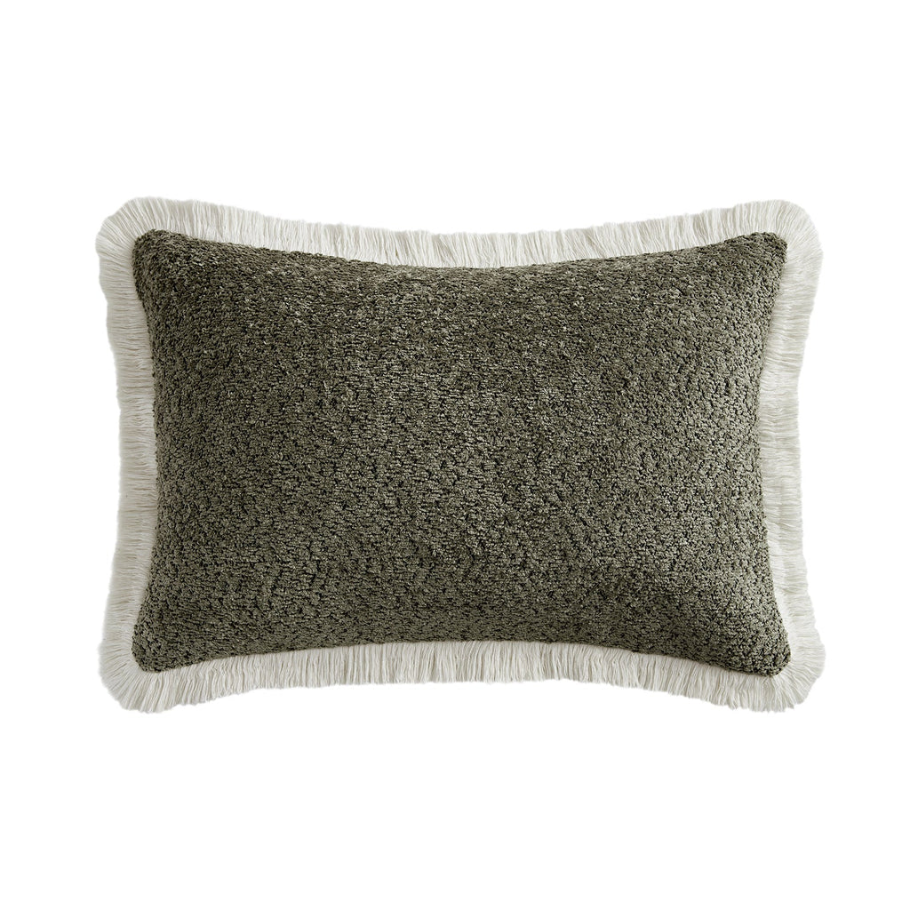Kyra Forest Green Bouclé Fringed Rectangular Cushion