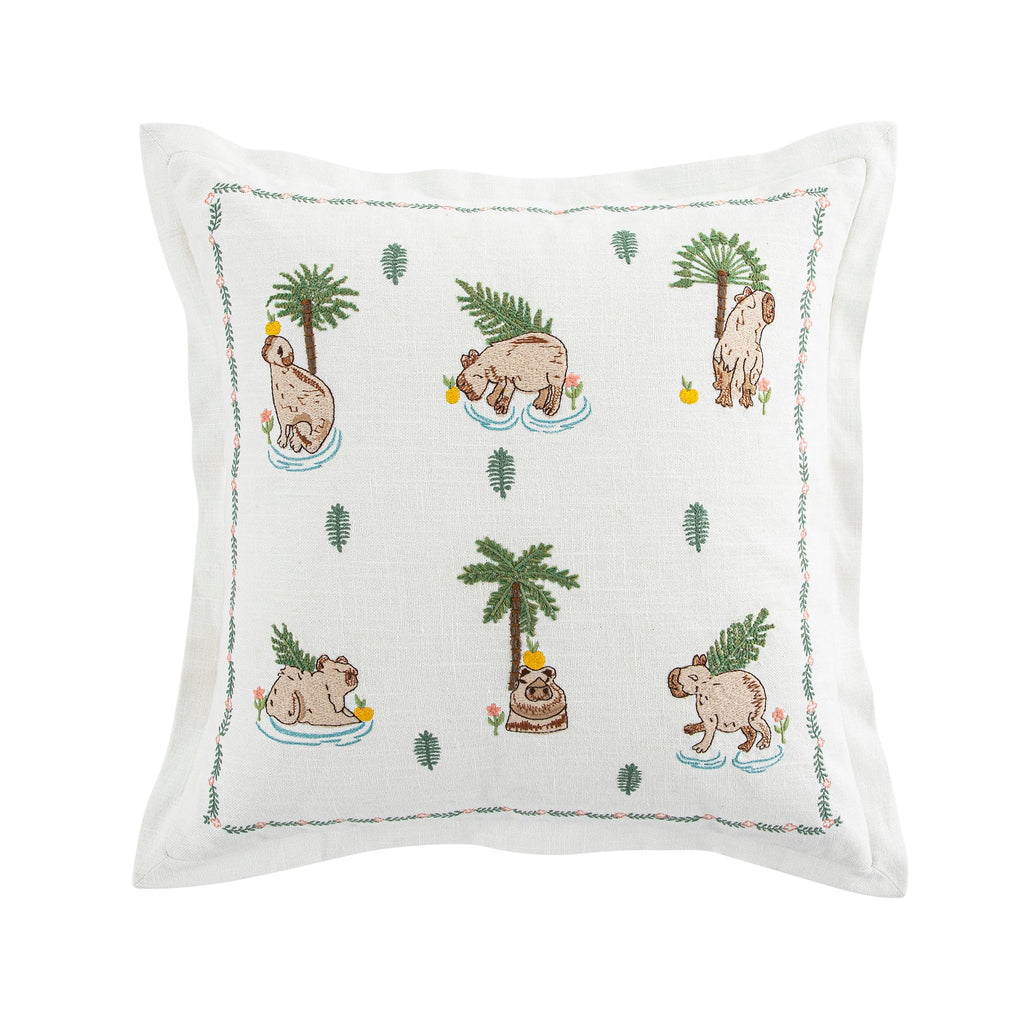 Whimsical Animals Capybaras and Yuzu Hand Embroidered Cushion
