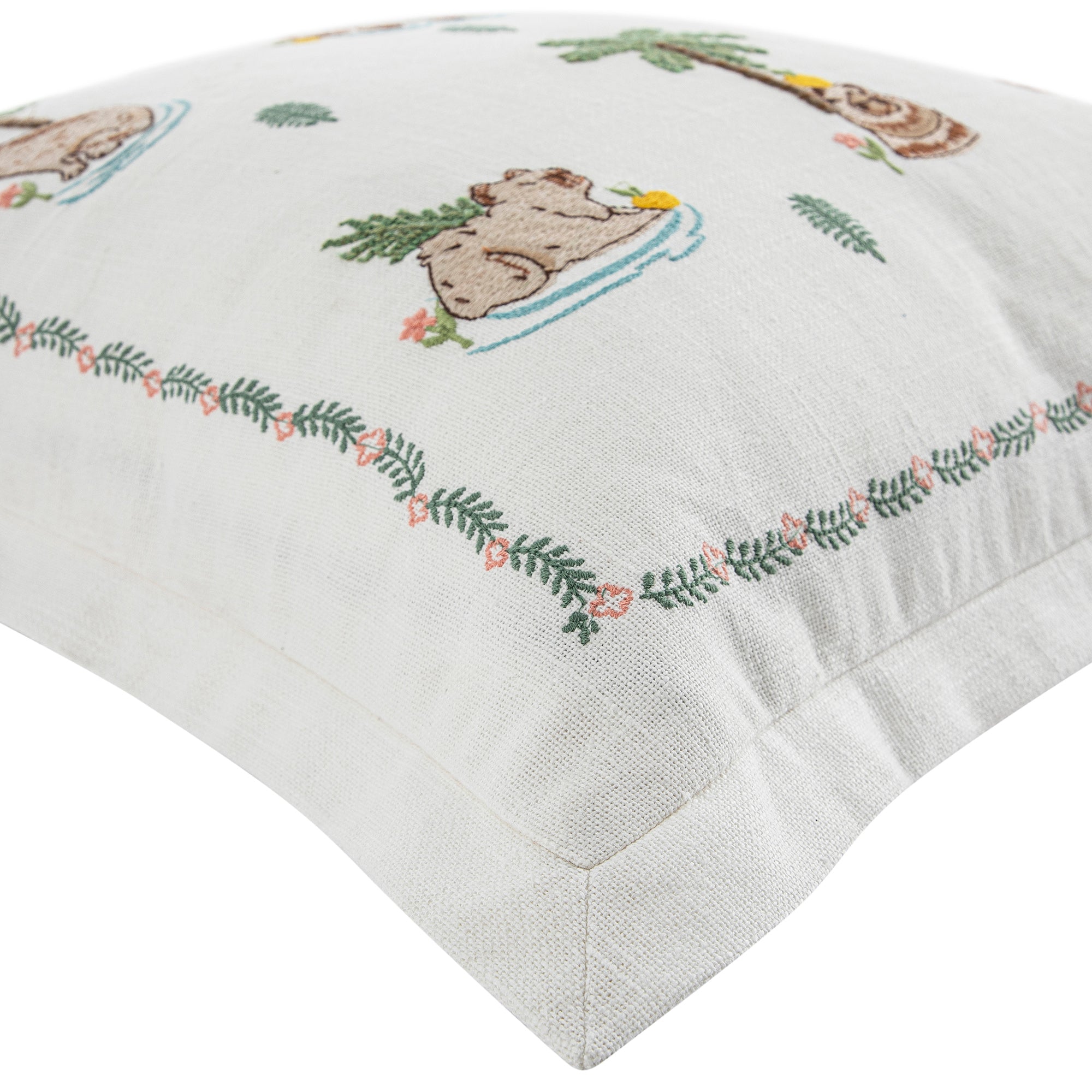 Whimsical Animals Capybaras and Yuzu Hand Embroidered Cushion