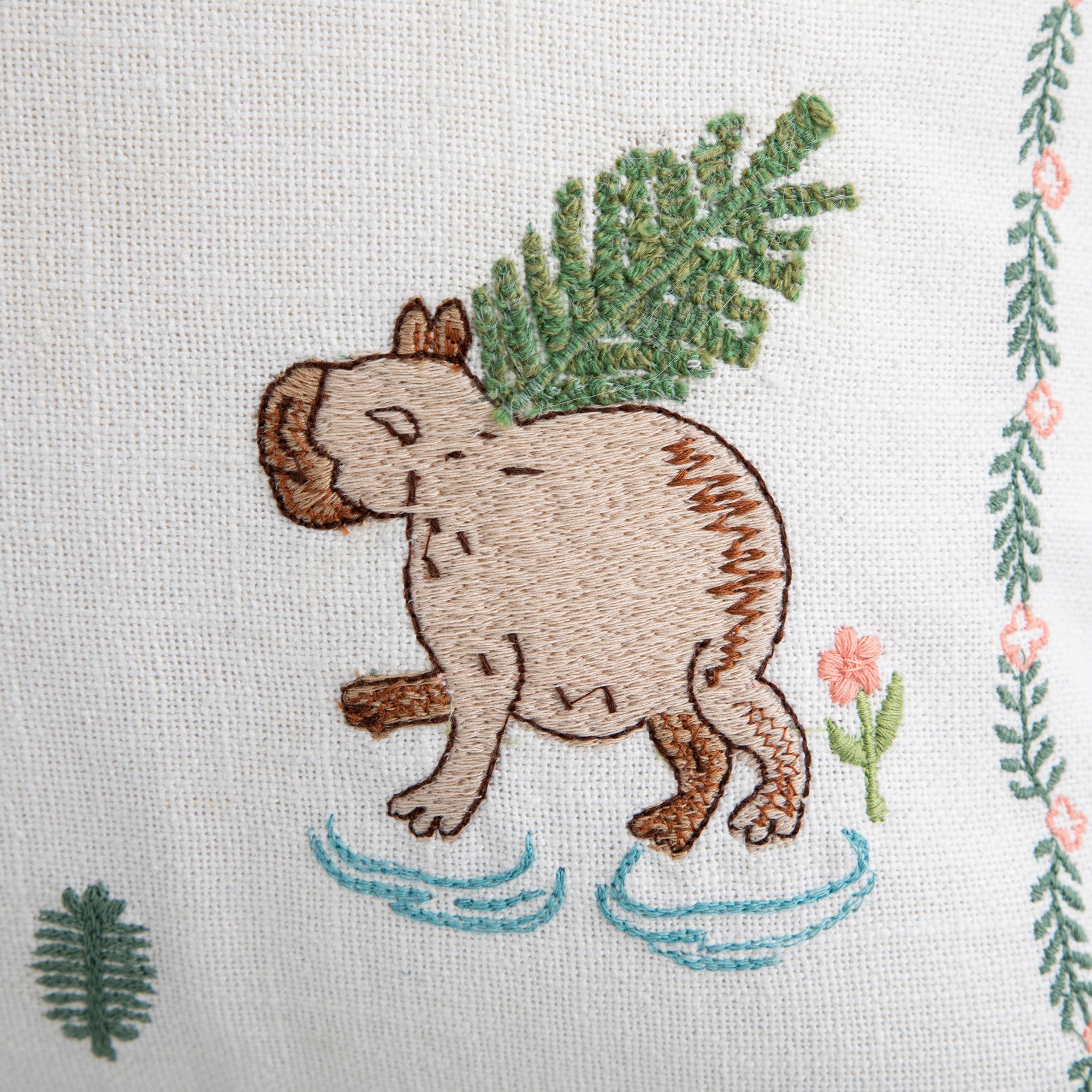 Whimsical Animals Capybaras and Yuzu Hand Embroidered Cushion