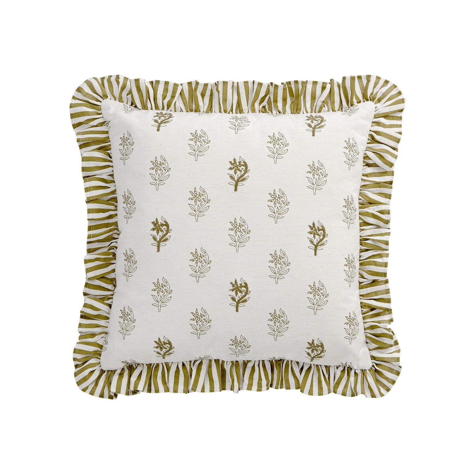 Darcy Floral Olive Green Embroidered Ruffle Linen Blend Cushion
