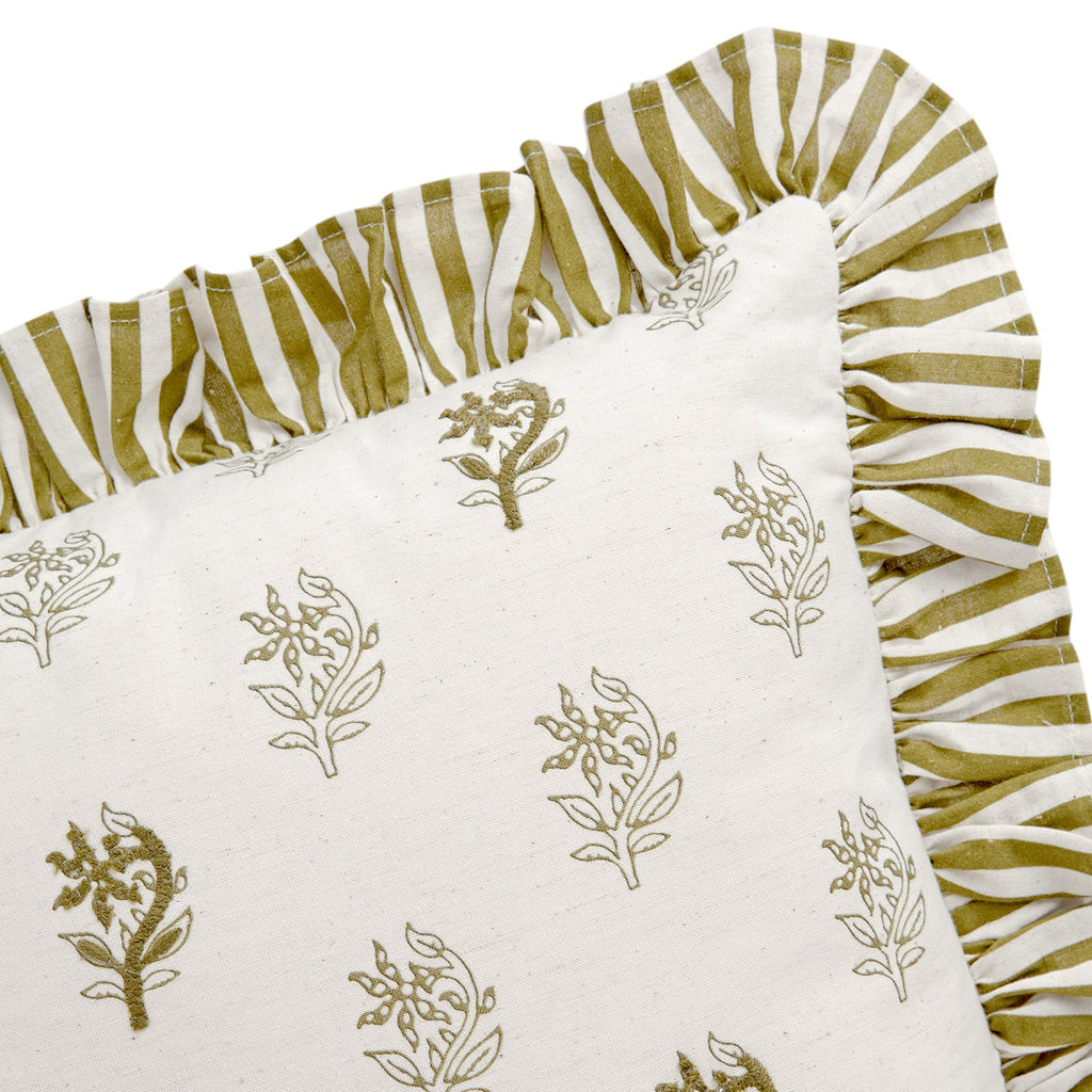Darcy Floral Olive Green Embroidered Ruffle Linen Blend Cushion