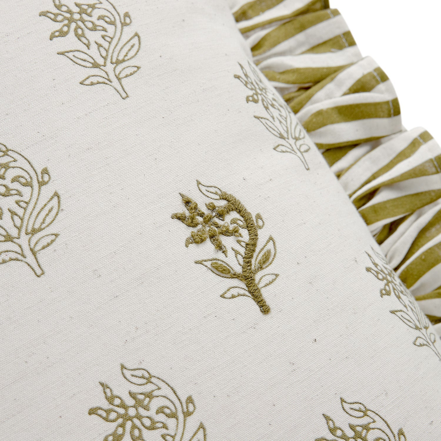 Darcy Floral Olive Green Embroidered Ruffle Linen Blend Cushion