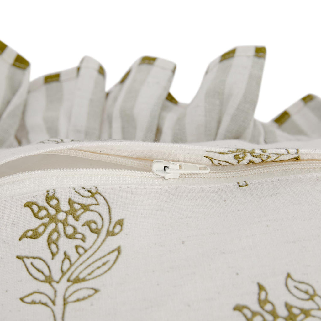 Darcy Floral Olive Green Embroidered Ruffle Linen Blend Cushion
