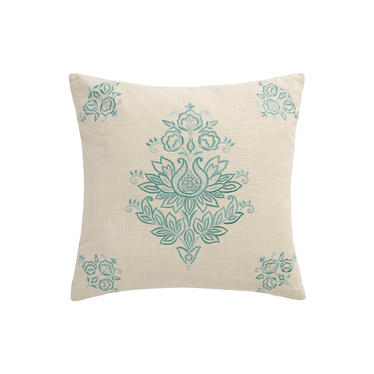 Isadora Teal Damask Embroidered Cotton Cushion