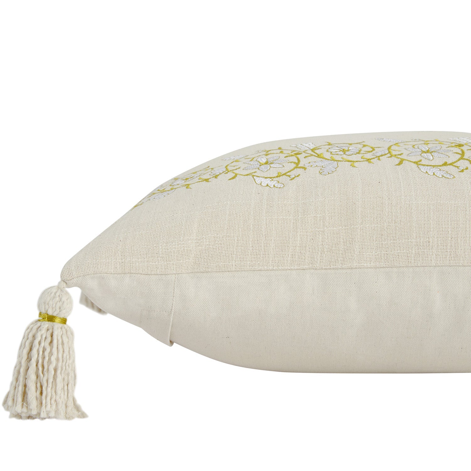 Jasmina Cream Floral Embroidered Linen Blend Tassel Cushion