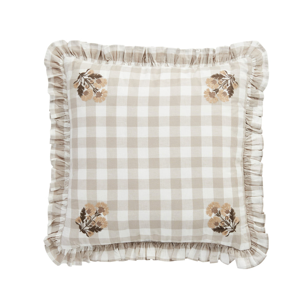 Matilda Beige Gingham Ruffle Floral Embroidered Linen Blend Cushion