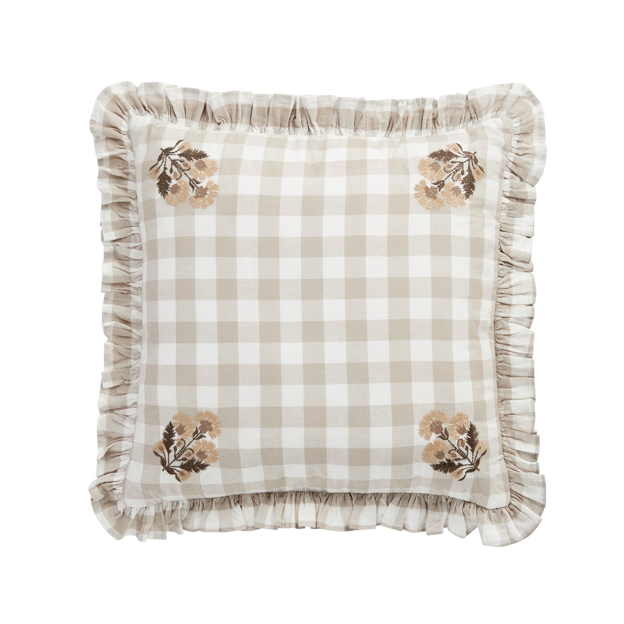 Matilda Beige Gingham Ruffle Floral Embroidered Linen Blend Cushion