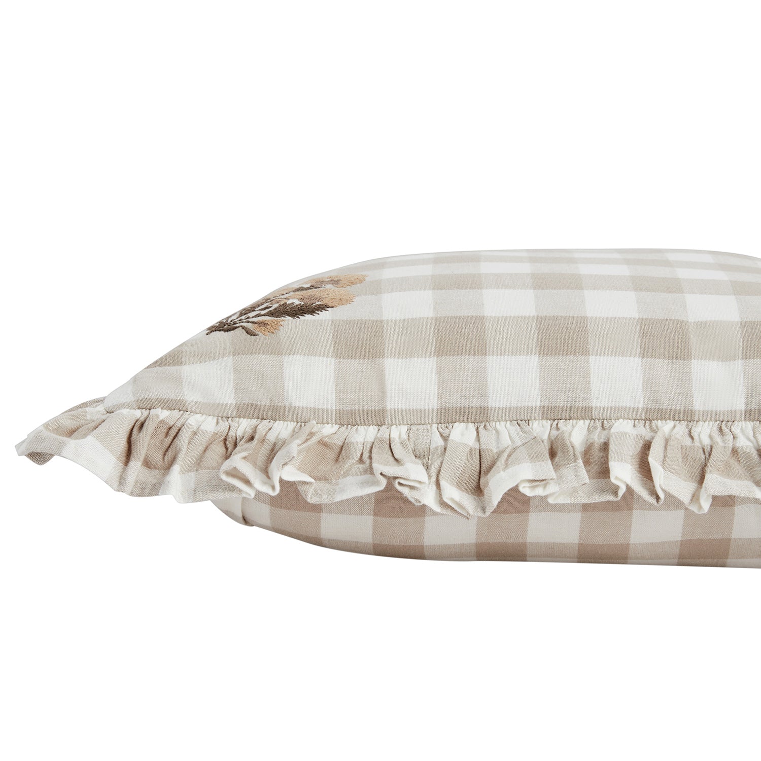 Matilda Beige Gingham Ruffle Floral Embroidered Linen Blend Cushion