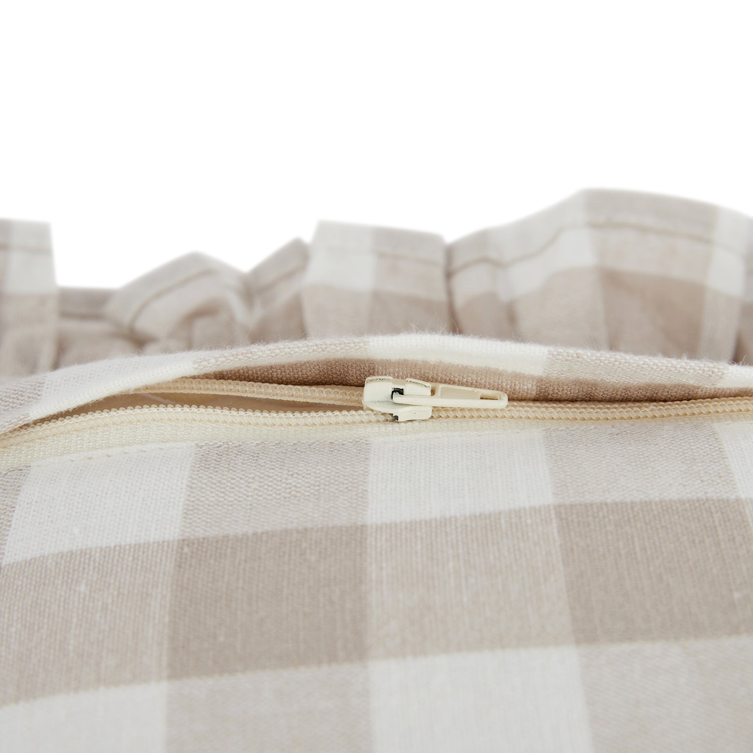 Matilda Beige Gingham Ruffle Floral Embroidered Linen Blend Cushion