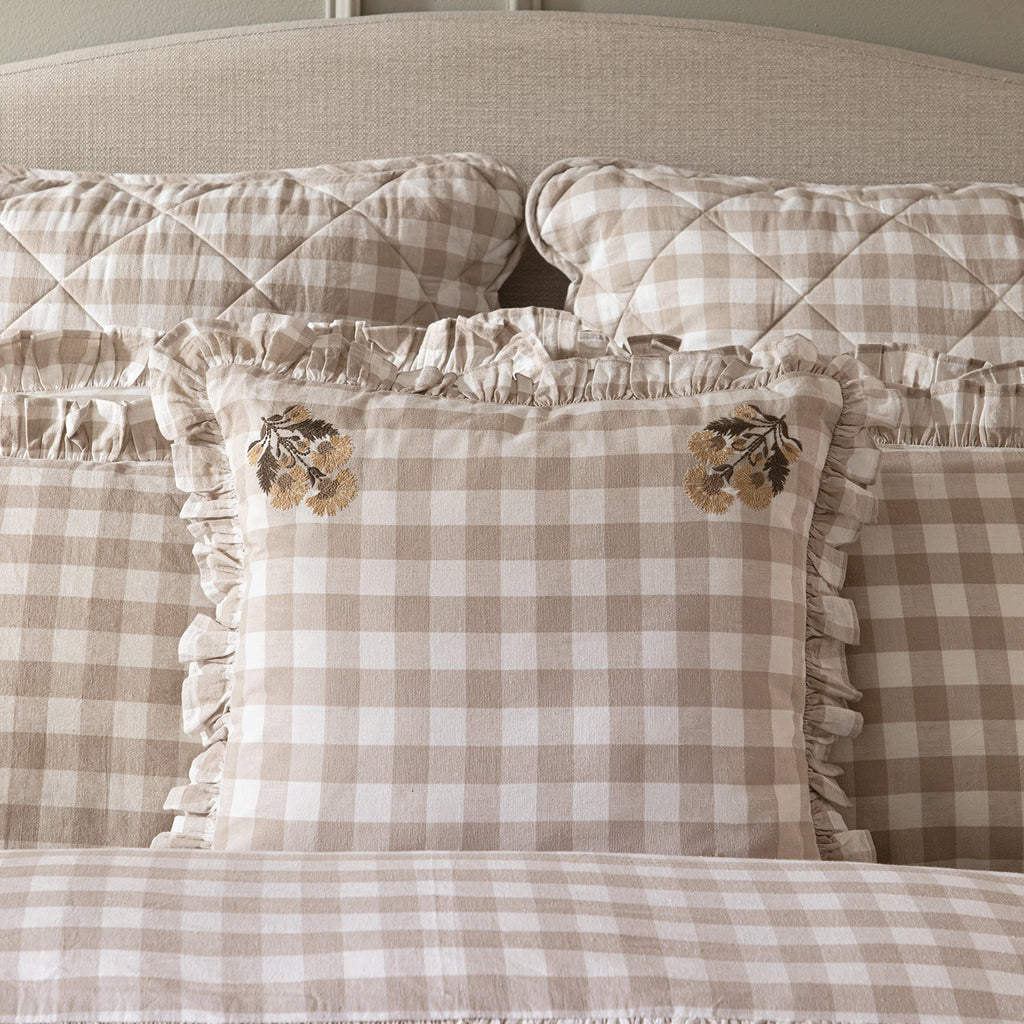 Matilda Beige Gingham Ruffle Floral Embroidered Linen Blend Cushion
