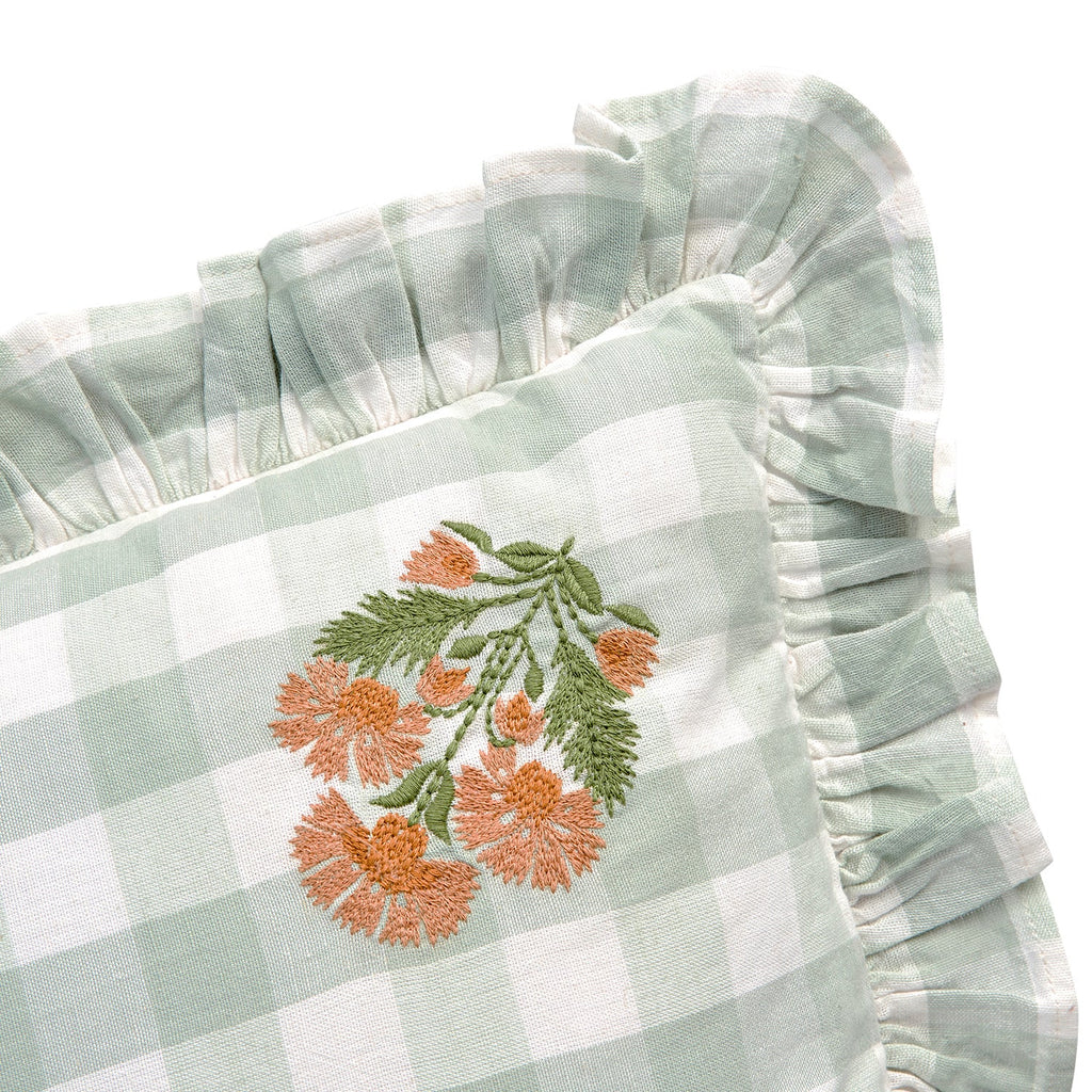 Matilda Sage Green Gingham Ruffle Floral Embroidered Linen Blend Cushion