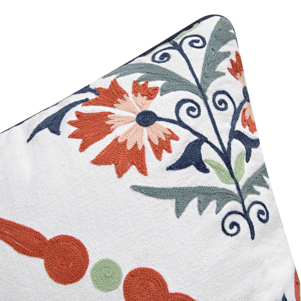 Paloma Burnt Terracotta Orange & Blue Floral Embroidered Cotton Cushion