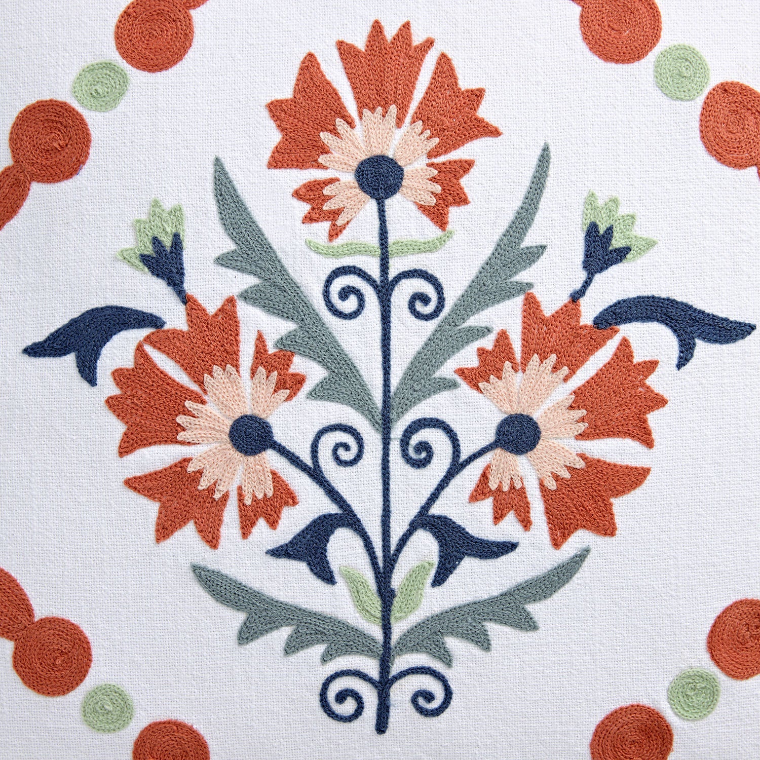 Paloma Burnt Terracotta Orange & Blue Floral Embroidered Cotton Cushion