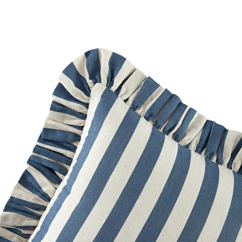 Eliza French Blue Striped Ruffle Linen Blend Cushion