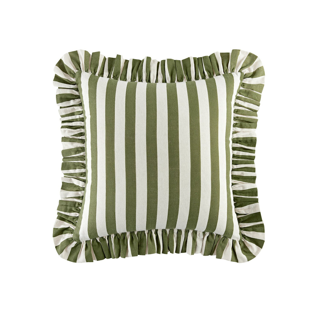 Eliza Olive Green Striped Ruffle Linen Blend Cushion