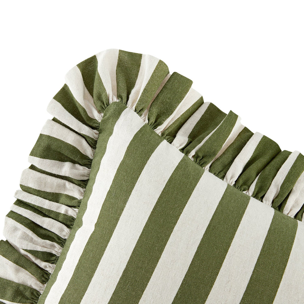 Eliza Olive Green Striped Ruffle Linen Blend Cushion