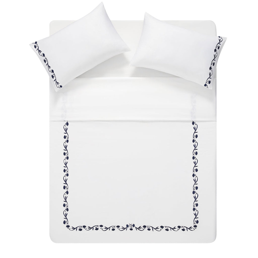 Adeline Midnight Blue Floral Embroidered 600 Thread Count Cotton Sateen Duvet Set