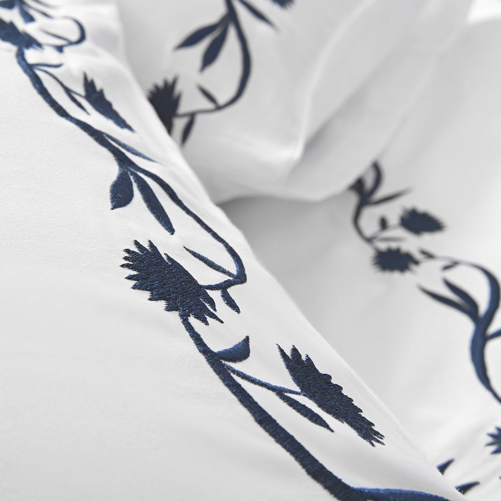 Adeline Midnight Blue Floral Embroidered 600 Thread Count Cotton Sateen Duvet Set