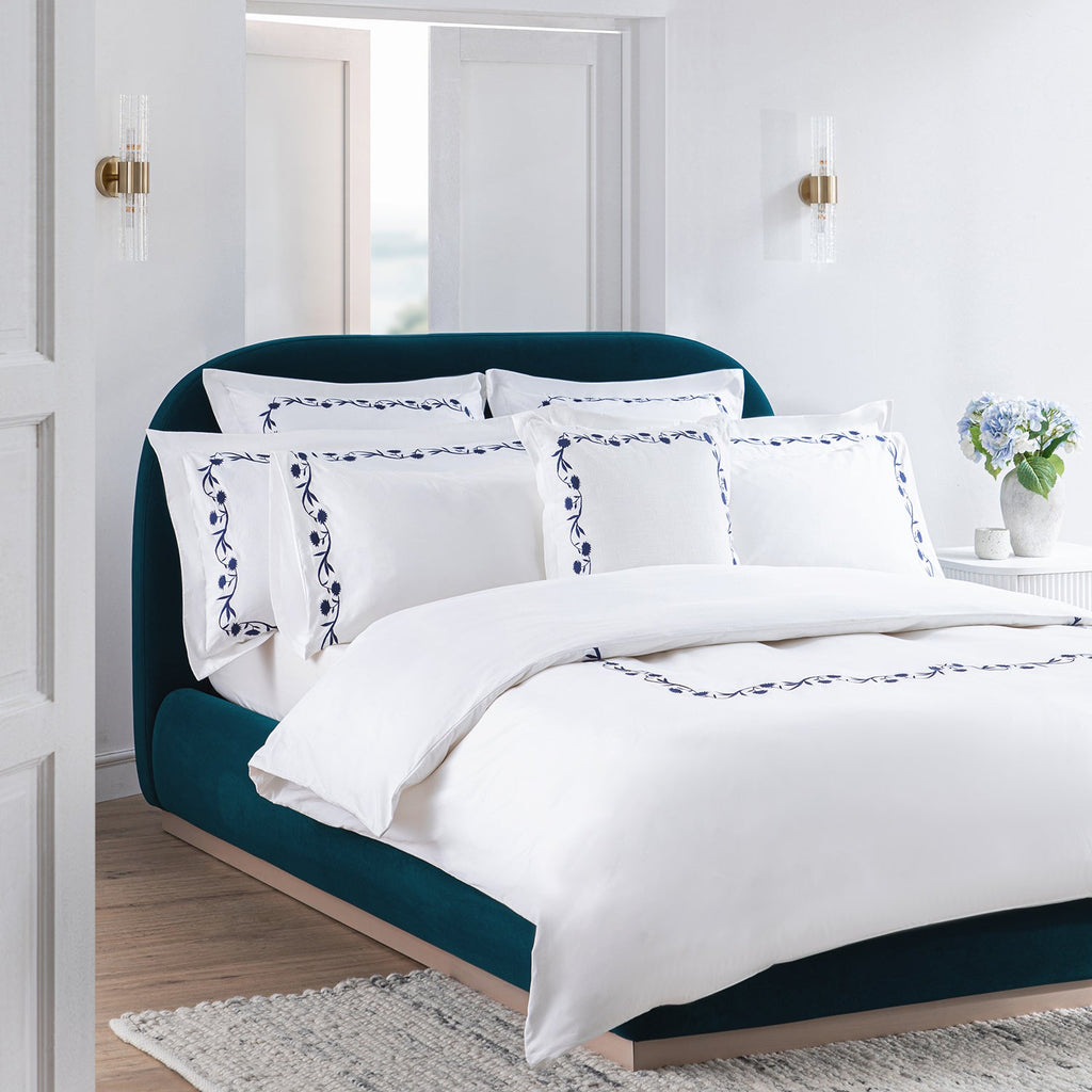 Adeline Midnight Blue Floral Embroidered 600 Thread Count Cotton Sateen Duvet Set