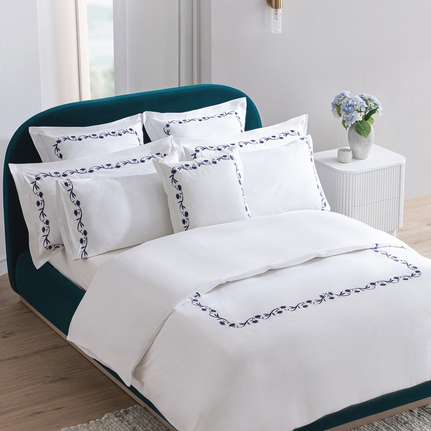 Adeline Midnight Blue Floral Embroidered 600 Thread Count Cotton Sateen Duvet Set