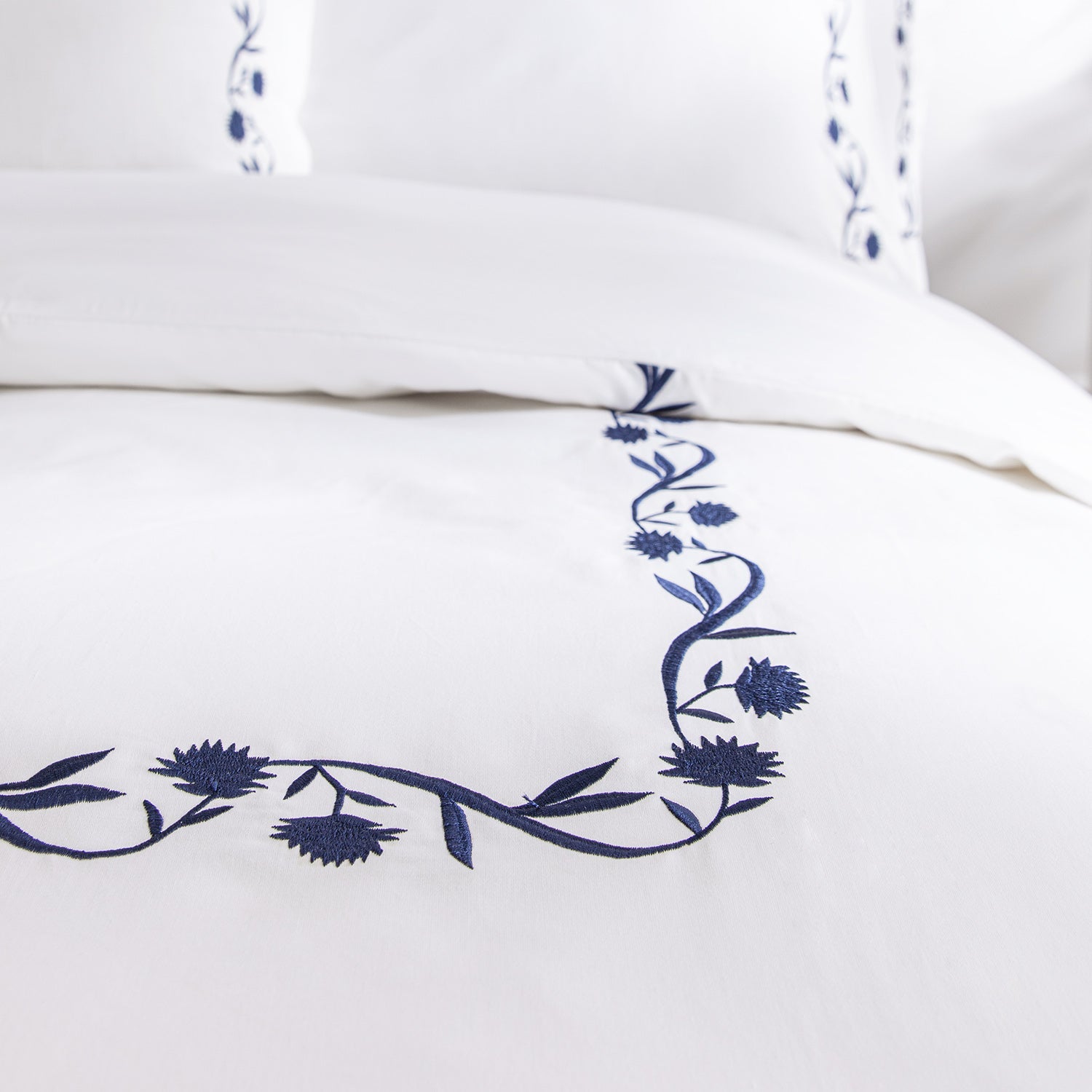 Adeline Midnight Blue Floral Embroidered 600 Thread Count Cotton Sateen Duvet Set