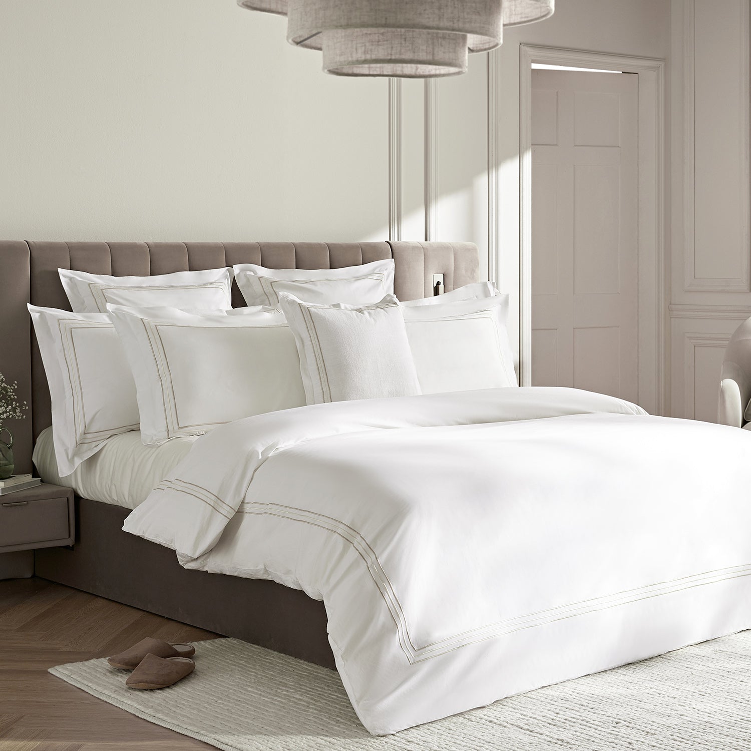 Belvedere Champagne Gold Cord Embroidered 300 Thread Count Cotton Percale Duvet Set