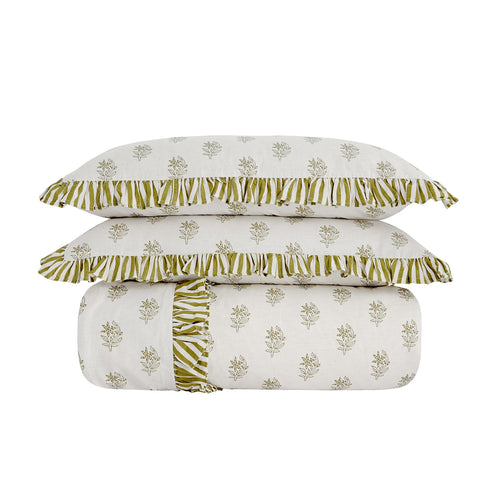 Darcy Floral Olive Green Ruffle Linen Blend Duvet Set